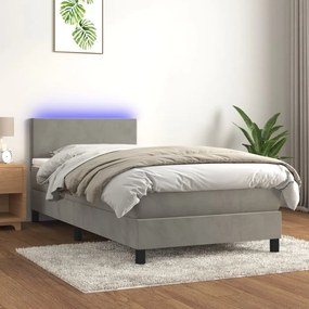 Cama box spring c/ colchão/LED 80x200 cm veludo cinzento-claro