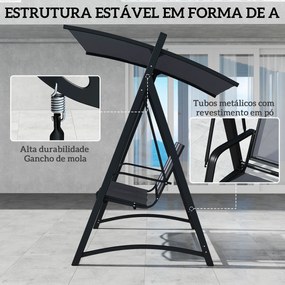 Baloiço de Jardim de 3 Lugares com Teto Ajustável UPF50+ Assento Transpirável e Estrutura em Metal 188x130x183 cm Cinza