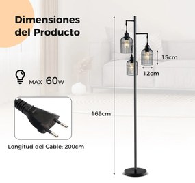 Candeeiro de pé industrial moderno de 169 cm com abajur de 3 gaiolas Base alta para escritório, quarto, escritório, preto