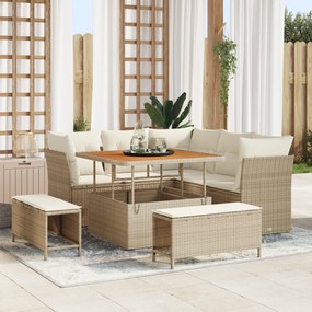 Conjunto de Sofá de Jardim vidaXL 8 Peças com Almofadas Bege Rattan Poliéster Acácia