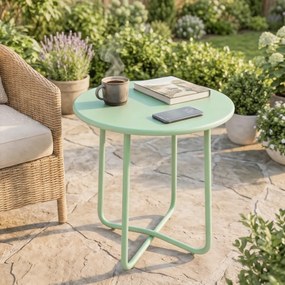 Mesa de centro de jardim com borda enrolada Ø48x51 cm,, base em X com pés ajustáveis em altura, para sala de estar na esplanada, verde