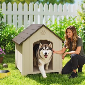 Casota para Cães Exterior Extragrande em Plástico com 2 Janelas, Base Elevada e Estacas Bege