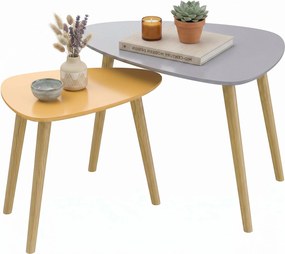 Conjunto de 2 mesas baixas encaixáveis, de design escandinavo, com pés e tampo em madeira, cinzentas e amarelas