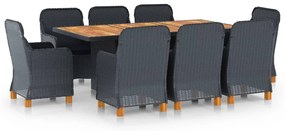 9 pcs conj. jantar exterior c/ almofadões vime PE cinza-escuro
