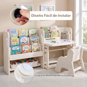 Conjunto de secretária e cadeira infantil com estantes laterais, cestos de arrumação, quadro branco apagável e estantes abertas para crianças a partir