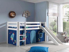 Conjunto Cama alta de Criança PINO 90 x 200 cm + estrado + escada + escorrega + cortina Astronauta branca