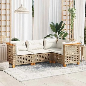 4 pcs conjunto de sofás para jardim c/ almofadões vime PE bege