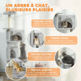 Arranhador para gatos com torre de brincadeiras, plataformas, compartimentos abertos, cama, rede, escada e arranhadores de sisal 56x56x180 cm cinzento