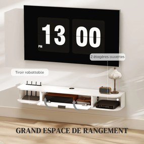 Móvel de TV suspenso, móvel para televisores até 50 polegadas, com gaveta rebatível e 2 prateleiras, 120 x 24 x 16 cm, branco