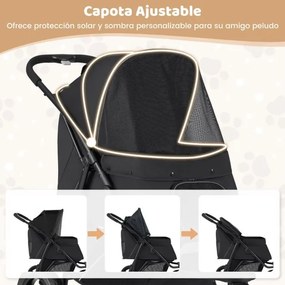 Carrinho de 3 rodas para cães pequenos e médios dobrável para animais de estimação com rodas todo-o-terreno Travão Capota ajustável Preto