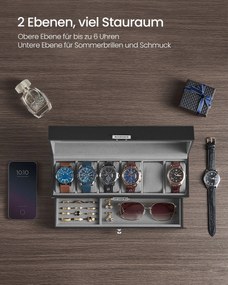 Caixa para relógios com 2 níveis 10 x 32,5 x 13,5 cm, revestimento em PU preto e forro interior cinzento