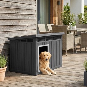 Casota exterior para cães em plástico com porta 81 x 64 x 61 cm, telhado inclinado rebatível e grelhas de ventilação preto