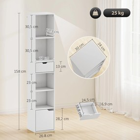 Estante para livros 30 x 24 x 158 cm, móvel de arrumação com gaveta, armário e compartimentos abertos, branco