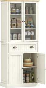 HOMCOM Armário de Cozinha com 2 Portas de Vidro 1 Gaveta e Prateleira Ajustável Móvel Auxiliar de Cozinha 76x40x182,5cm Creme | Aosom Portugal