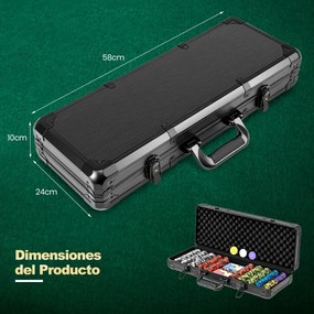500 fichas de póquer Texas Hold'em com caixa de alumínio, baralhos de cartas, e dados preto