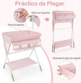 Mesa Trocador fraldas para Bebés Portátil e Dobrável Altura Ajustável 3 Níveis Organizador Móvel com Cesto Prateleira Rodas e Travão Rosa