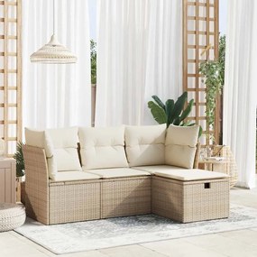 4 pcs conjunto de sofás para jardim c/ almofadões vime PE bege