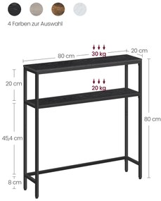 Mesa consola estreita com 2 prateleiras 20 x 80 x 80 cm cinzento antracite e Preto