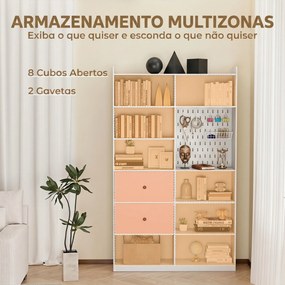 Estante para Livros Alta e Estreita com Painel Perfurado 2 Gavetas e 8 Compartimentos 120x30x200 cm Branco