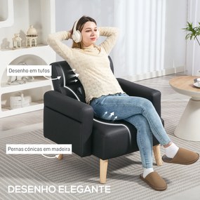 Poltrona Moderna Estofada em Couro Sintético com Apoios de Braço Acolchoados e Pés em Madeira 77x78x78 cm Preto