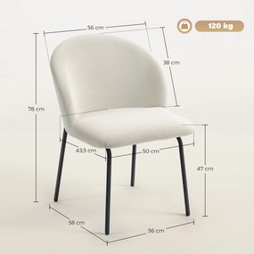 Conjunto de 2 cadeiras de jantar em veludo canelado, cadeiras de cozinha com pés em aço, 56 x 58 x 78 cm, creme