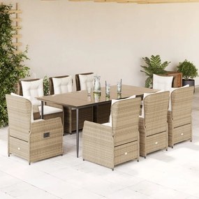 9 pcs conjunto de jantar p/ jardim com almofadões vime PE bege