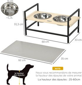 Comedouro elevado para cães com suporte duplo para tigelas, inclui 2 tigelas removíveis em aço, altura ajustável (11/21,5/32 cm) e 1 tapete