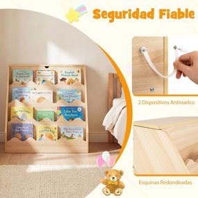 Estante de madeira para crianças 63 x 49 x 61,5 cm com 4 níveis, prateleiras abertas, gaveta com rodízios e caixa com tampa, em tom de madeira natural