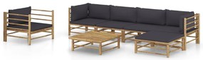 7 pcs conj. lounge jardim em bambu c/ almofadões cinza-escuro
