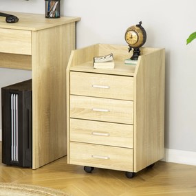 Vinsetto Bloco de Gavetas Móvel Auxiliar com 4 Gavetas Bancada Superior de Armazenamento 4 Rodas e 2 Freios para Estúdio Escritório 40x36x65cm Carvalho