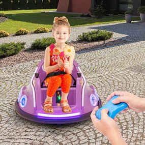 Carrinho de choques para crianças 12V com rotação de 360° Controlo remoto Luzes de controlo remoto Música incorporada 73 x 73 x 43cm Púrpura