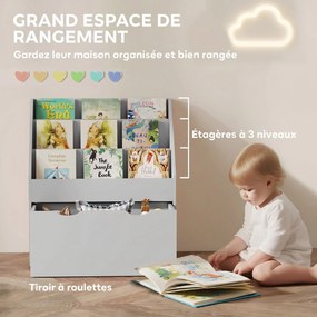 Estante infantil com vários compartimentos, com 3 níveis de prateleiras e uma gaveta, 62,5 L x 30 L x 70 A cm, cinzenta
