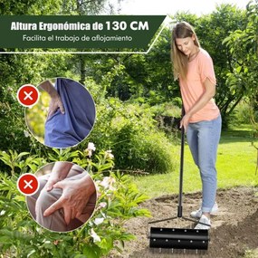 Rolo para Relva com arejador de relva com rolo de 44 cm Cabo amovível de 128 cm e dentes para jardim Preto