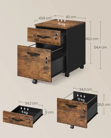 Móvel Arquivo escritório43,8 x 40 x 54,4 cm com 2 gavetas e 5 Rodas Preto e castanho-escuro