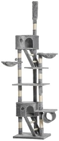 PawHut Arranhador para Gatos do Chão ao Teto de 240-260 cm com Altura Ajustável Múltiplas Plataformas Caverna e Rampas Cinza