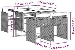 5 pcs conjunto de jantar p/ jardim c/ almofadões vime PE cinza
