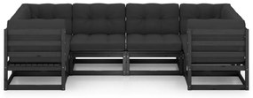 6pcs conjunto longue de jardim c/ almofadões pinho maciço preto