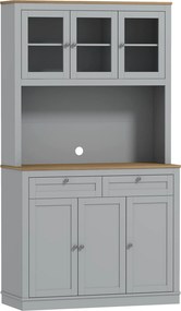 HOMCOM Armário de Cozinha com 3 Portas de Vidro Compartimento Aberto 2 Gavetas e Prateleiras Ajustáveis 100x40x180 cm Cinzento | Aosom Portugal