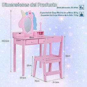 Conjunto de Toucador Infantil com Espelho de Unicórnio e Cadeira, 59 x 35 x 103 cm, Iluminação LED Ajustável, Rosa