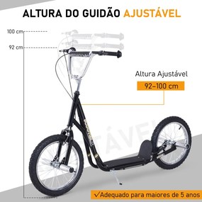 Trotinete para Crianças acima de 5 anos Scooter de 2 Rodas Grandes Insufláveis de 16 Polegadas com Freios e Guidão Ajustável em Altura 143x58x92-100cm