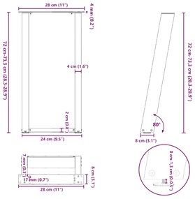 Pés de mesa de console em forma de U, 2 peças, aço natural, 28 x (72-7