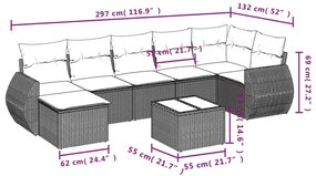 8 pcs conjunto sofás de jardim c/ almofadões vime PE cinzento