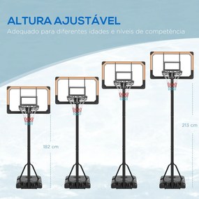 Cesto de Basquetebol de Exterior com Altura Ajustável 235-264 cm Suporte para Bola Rodas e Base Recarregável Preto