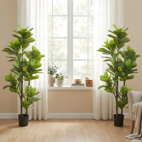 Conjunto de 2 plantas artificiais de interior com 150 cm, planta artificial de figueira-lira com vaso de cimento, verde