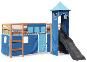 Cama alta para criança com torre 90x190 cm pinho maciço azul