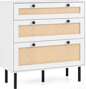 Cómoda de 3 Gavetas, 75 x 35 x 77,5 cm, Frentes com Imitação de Vime, Branco
