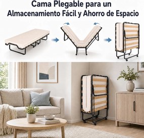 Cama Auxiliar Dobrável, 200 x 80 x 42 cm, Colchão Viscoelástico e Rodas, Preto