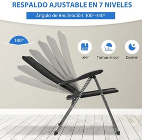 Conjunto de 2 Cadeiras de jardim almofadada com 7 posições de encosto ajustáveis Piscina Pátio Praia Pretas