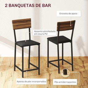 Conjunto de Mesa e Bancos de Bar Mesa Alta de Cozinha com 2 Bancos Laterais Rebatíveis Suporte para Vinhos e Prateleiras Castanho e Preto