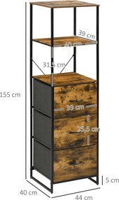 Móvel de arrumação com prateleiras e 3 gavetas dobráveis em tecido removíveis,  44 x 40 x 155 cm